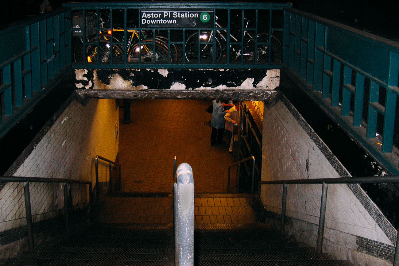 Stairs down to Astor Place subway station in New York City in May 2005