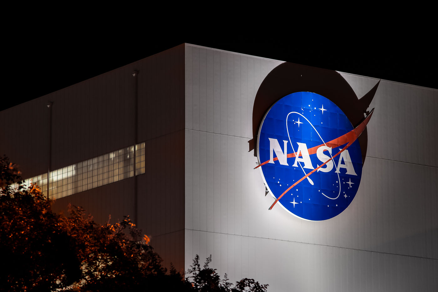 The NASA logo on the side of Michoud Assembly Facility where the Space Launch System (SLS) for Artemis is being built.