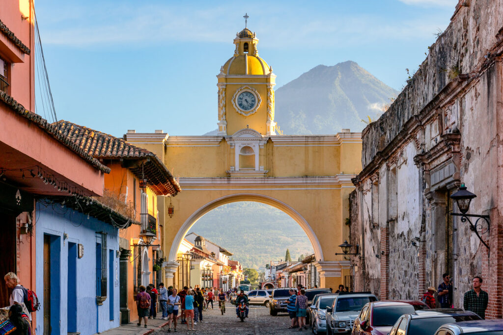 The Santa Catalina Arch is one of the distinguishable landmarks in Antigua Guatemala, Guatemala, located on 5th Avenue North.[1] Built in the 17th century, it originally connected the Santa Catalina convent to a school, allowing the cloistered nuns to pass from one building to the other without going out on the street. A clock on top was added in the era of the Central American Federation, in the 1830s. Source: https://en.wikipedia.org/wiki/Arco_de_Santa_Catalina