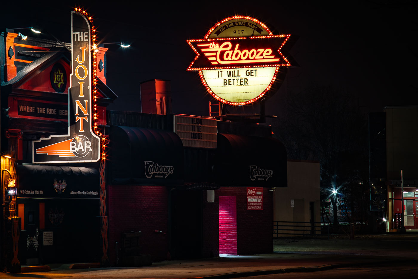 The Joint and Cabooze Bars in March 2020 during pandemic closures in Minneapolis. Marquee reads "It will get better"