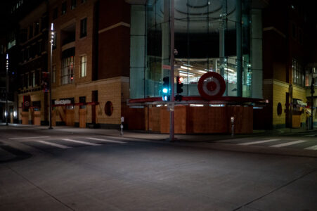 The flagship Target Store in downtown Minneapolis is boarded up during unrest over the May 25th murder of George Floyd.