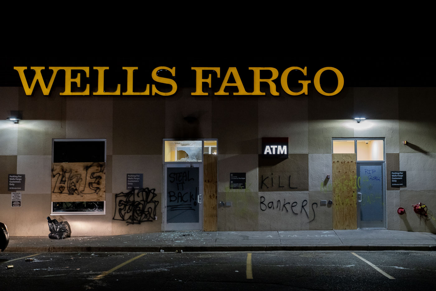 Boards on Wells Fargo bank in Minneapolis
