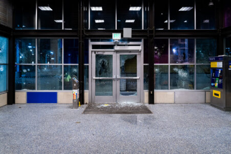 Broken windows at the Lake Street/Midtown Light Rail Station on May 28, 2020 during the 3rd day of protests in Minneapolis following the death of George Floyd.