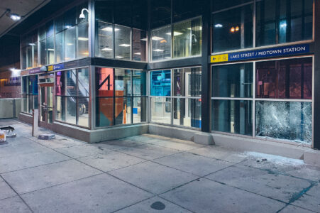 Broken windows on May 28, 2020 at the Lake Street/Midtown Station on the 3rd day of protests in Minneapolis following the death of George Floyd.