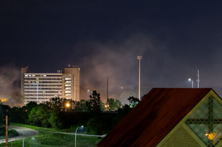 Smoke rising from fires as seen from Downtown Minneapolis on May 30, 2020, the 4th day of protests in Minneapolis following the death of George Floyd.