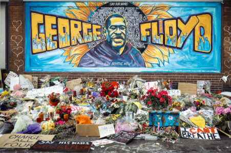 The George Floyd mural on the 38th Street side of the Cup Foods buildings. George Floyd was killed on May 25th in front of Cup Foods sparking days of protests.