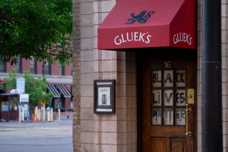 Gluek’s Bar in downtown Minneapolis with Black Lives Matter in their window during the 3rd day of protests in Minneapolis following the death of George Floyd.