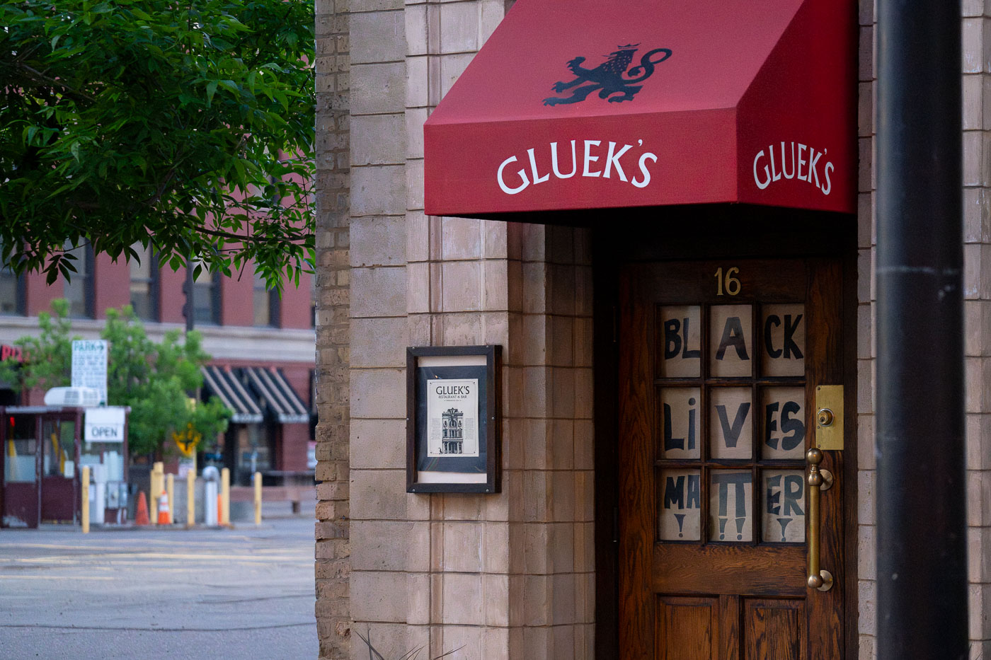 Glueks Bar in Downtown Minneapolis with Black Lives Matter sign in window