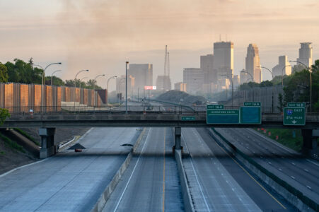 A hazy sky on I-35W on May 30, 2020 following a night of fires in Minneapolis after 4 days of protests in Minneapolis following the death of George Floyd.