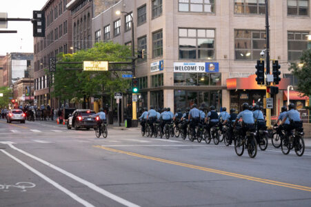 Minneapolis Police on bikes and Mounted Patrol in Downtown Minneapolis on the 3rd day of protests in Minneapolis following the death of George Floyd.