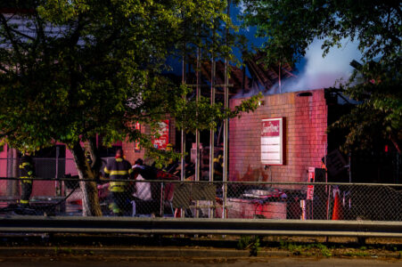 Minneapolis Fire Department fight a fire on May 30, 2020 at Speedway gas on Lake Street as the sun rises following the 4th day of protests in Minneapolis following the death of George Floyd.