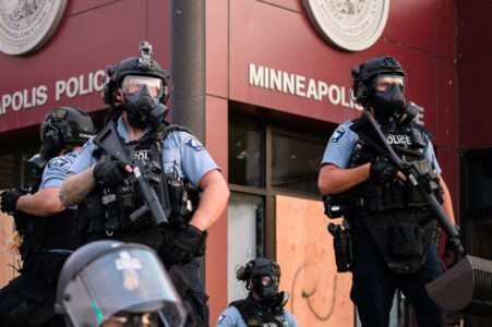 Minneapolis Police outside the 3rd Precinct as protesters gathered on the 2nd day of protests in Minneapolis following the death of George Floyd.