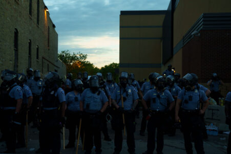 Minneapolis Police guarding the 3rd Precinct on Minnehaha Avenue on the 2nd day of protests in Minneapolis following the death of George Floyd.