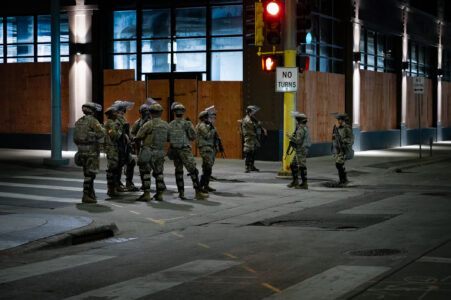 The Minnesota National Guard on Nicollet Mall in Downtown Minneapolis on May 30, 2020, the 4th day of protests in Minneapolis following the death of George Floyd.