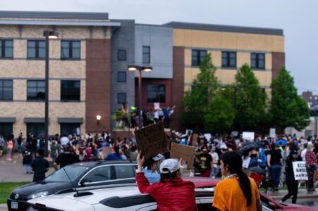 Protesters surround the Minneapolis Police 3rd Precinct. The large crowd marched the 2 miles from 38th St and Chicago Ave the day after George Floyd was killed.