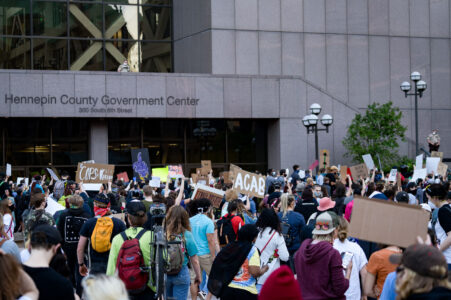 Protesters gather outside the Hennepin County Government Center in downtown Minneapolis on May 28, 2020.