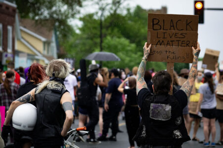 Protesters on 38th St in South Minneapolis on May 26th, 2020 where George Floyd was killed the night. The protesters would then march to the Minneapolis Police Third Precinct.
