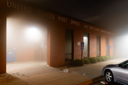 The USPS post office on fire during the 4th day of protests in Minneapolis following the death of George Floyd. The post office was a total loss and was rebuilt.
