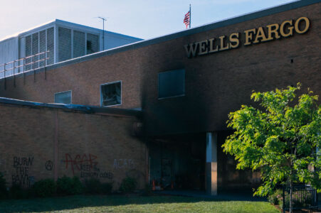 Wells Fargo Bank on Nicollet Ave on May 31, 2020 after nights of fires after the death of George Floyd.