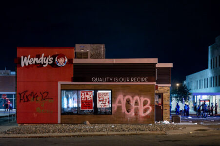 Wendy's across from the Minneapolis police third precinct on the second day of protests following the murder of George Floyd.