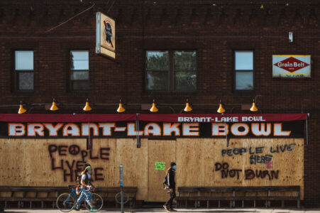Bryant-Lake Bowl on Lake Street with boards after days of protests following the May 25th, 2020 death of George Floyd.