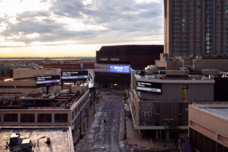 Twin Cities Curfew billboards in downtown Minneapolis after unrest following the May 25th, 2020 death of George Floyd.