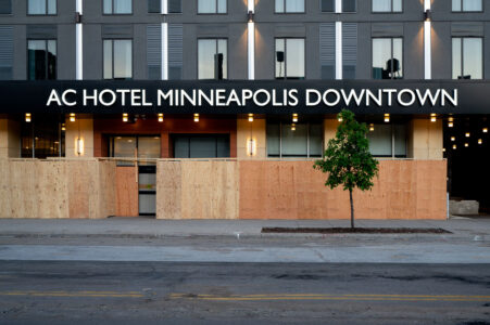 The AC Hotel in Downtown Minneapolis hours before a 10pm curfew goes into effect. The curfew was put into place after unrest following the May 25th, 2020 death of George Floyd.