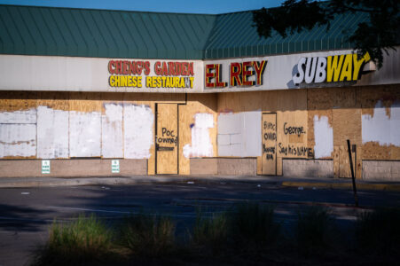 Boards on a strip mall in South Minneapolis during unrest in Minneapolis following the May 25th, 2020 death of George Floyd.

Boards reading “Say His Name” “POC Owned” “BIPOC Owned”