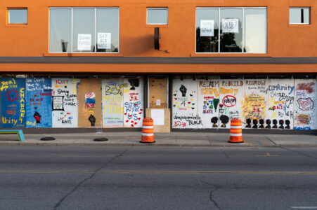 Storefronts in North Minneapolis boarded up after days of unrest following the May 25th, 2020 death of George Floyd.