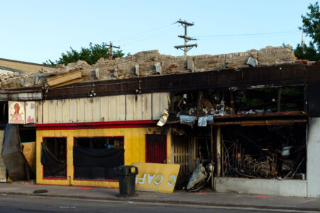 Fire damaged retail space in North Minneapolis after days of unrest following the May 25th, 2020 death of George Floyd.