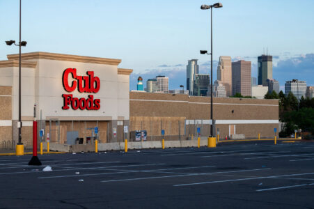 Cub Foods in North Minneapolis with boards on it in 06/04/20.