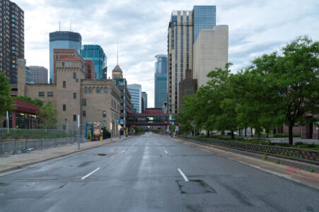 Empty streets in downtown Minneapolis after unrest following the May 25th, 2020 death of George Floyd.