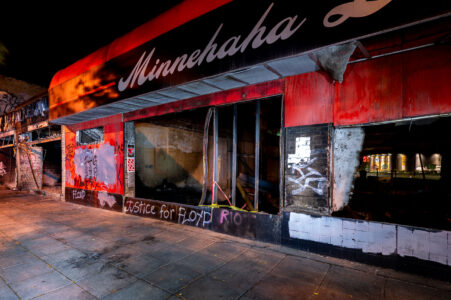 The outside of Minnehaha Liquors on E. Lake Street after fires following unrest in Minneapolis following the May 25th, 2020 death of George Floyd.