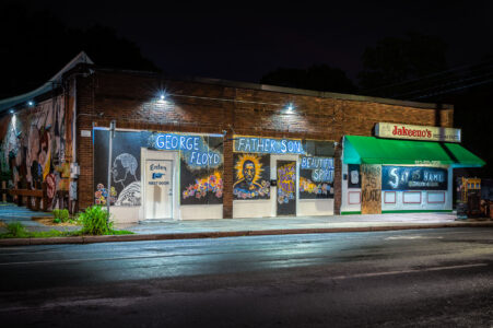 Painted George Floyd murals on Jakeeno’s Pizza on Chicago Avenue located blocks away from where George Floyd was killed on May 25th, 2020.