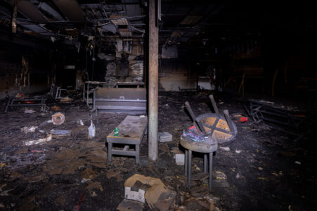 Inside of what’s left of the Foot Locker on Lake Street in Minneapolis. The building was destroyed after unrest in Minneapolis following the May 25th, 2020 death of George Floyd.