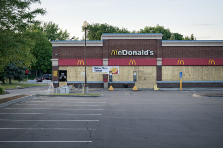 McDonald’s store boarded up in North Minneapolis after fires from riots following the May 25th, 2020 death of George Floyd.