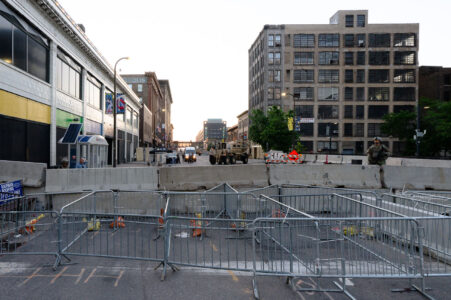 National Guard and barricades in front of the Minneapolis Police 1st Precinct in Downtown Minneapolis during unrest following the May 25th, 2020 death of George Floyd.