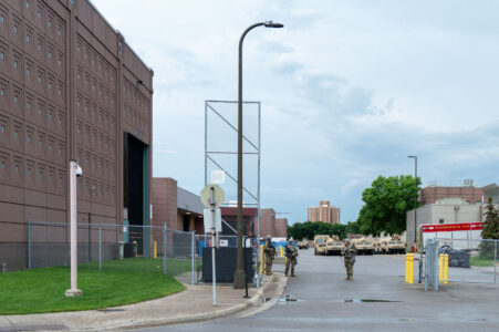 The National Guard outside the Minneapolis Convention Center on 06/02/20. They used the facility as a "base" during protests following the murder of George Floyd.