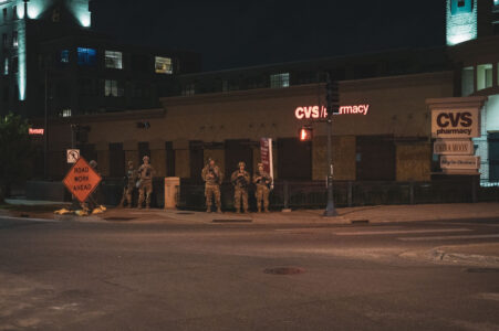 The National Guard on Lake Street outside a CVS Pharmacy in Uptown Minneapolis during protests following the murder of George Floyd.