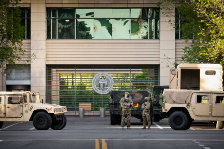 Minnesota National Guard guards the Federal Reserve Bank in Minneapolis during the 2020 unrest over the May 25th death of George Floyd.