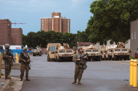The National Guard outside the Minneapolis Convention Center on 06/02/20. They used the facility as a "base" during protests following the murder of George Floyd.