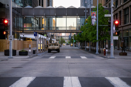 National Guard on Nicollet Mall during unrest in Minneapolis following the May 25th, 2020 death of George Floyd.