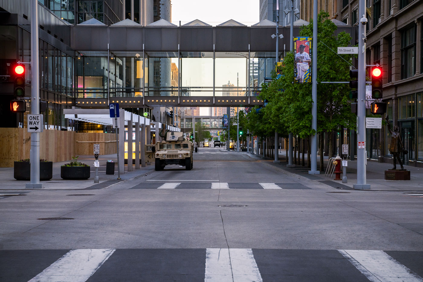 National Guard vehicles in Minneapolis on Nicollet Mall