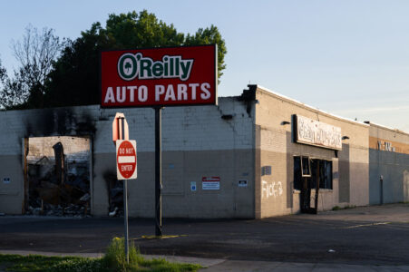 Burned out O'Reilly Auto Parts in North Minneapolis after days of unrest following the May 25th, 2020 death of George Floyd.