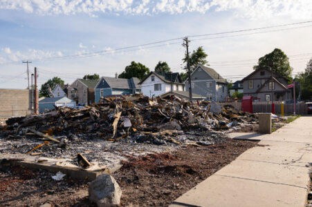 The remains of a Popeye's Chicken restaurant on Chicago Avenue. The building was destroyed in fires following unrest in Minneapolis following the May 25th, 2020 death of George Floyd.
