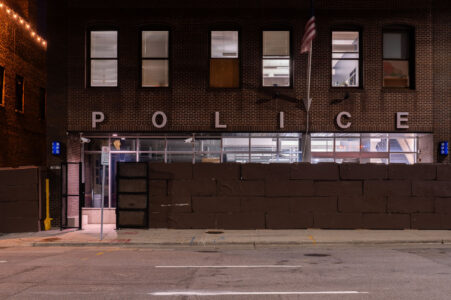 The Minneapolis Police First Precinct police station in downtown Minneapolis barricaded with concrete blocks