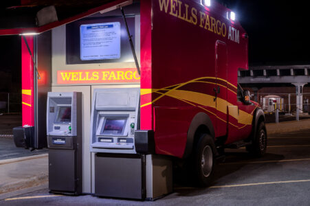 Wells Fargo Mobile ATM setup in the parking lot of a burned Wells Fargo Bank. Located at 3030 Nicollet, the bank was burned during the unrest over the May 25th death of George Floyd in Minneapolis.