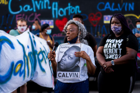 Mae Roberts, the mother of Calvin Horton speaks outside Cadillac Pawn on what would have been his 44th birthday. Calvin Horton Jr. was killed on May 27th by the owner of the pawn shop during the unrest in Minneapolis over the death of George Floyd.