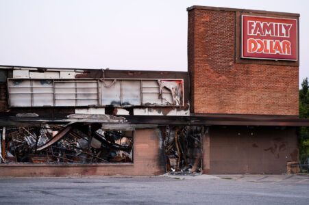 Fire damaged Family Dollar on Lake Street in Minneapolis. The store was burned after the May 25th, 2020 death of George Floyd.