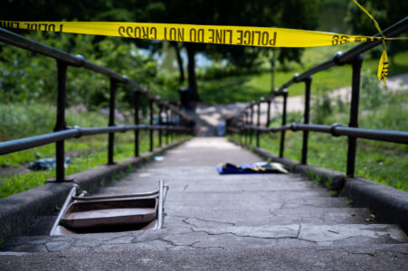 Stairway at Powderhorn Park in South Minneapolis with Police Line Do Not Cross tape.